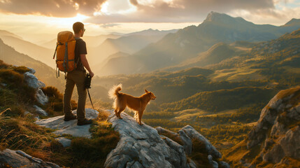 A hiker, a young man and his dog, hiking in beautiful rocky European Alps mountain landscape with a...