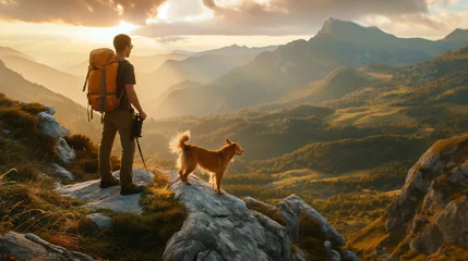 Zelfklevend Fotobehang A hiker, a young man and his dog, hiking in beautiful rocky European Alps mountain landscape with a trekking backpack. A man hiking in the sunrise time. © Natalia Schuchardt