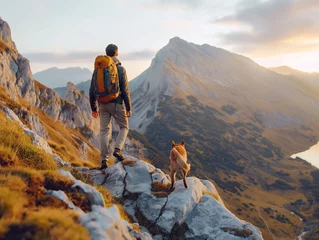 Küchenrückwand glas motiv A hiker, a young man and his dog, hiking in beautiful rocky European Alps mountain landscape with a trekking backpack. A man hiking in the sunrise time. © Natalia Schuchardt