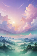 sunset surrounded by clouds and a landscape and all with pastel colors