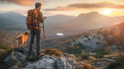 Foto op Plexiglas A hiker, a young man and his dog, hiking in beautiful rocky European Alps mountain landscape with a trekking backpack. A man hiking in the sunrise time. © Natalia Schuchardt