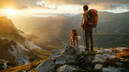 Foto auf Glas A hiker, a young man and his dog, hiking in beautiful rocky European Alps mountain landscape with a trekking backpack. A man hiking in the sunrise time. © Natalia Schuchardt