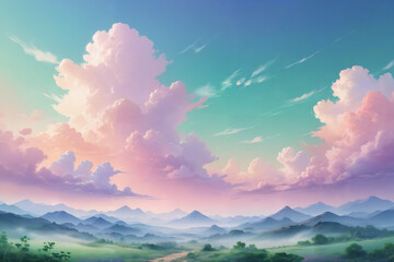 sunset surrounded by clouds and a landscape and all with pastel colors