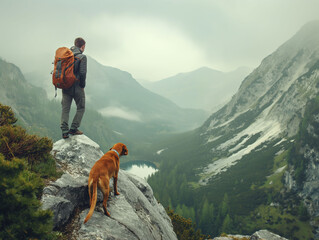 A hiker, a young man and his dog, hiking in beautiful rocky European Alps mountain landscape with flowers with a trekking backpack. A man hiking in the foggy spring time. - obrazy, fototapety, plakaty