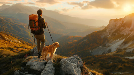 A hiker, a young man and his dog, hiking in beautiful rocky European Alps mountain landscape with a trekking backpack. A man hiking in the sunrise time. - obrazy, fototapety, plakaty
