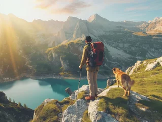 Fototapete Rund A hiker, a man, and his dog, hiking in beautiful foggy rocky European Alps mountain landscape with a trekking backpack. A man and a dog hiking in the sunrise time, looking at the clear lake. © Natalia Schuchardt