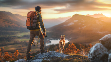 A hiker, a young man and his dog, hiking in beautiful rocky European Alps mountain landscape with a...