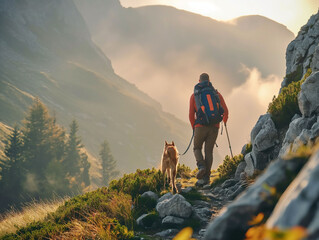A hiker, a young man and his dog, hiking in beautiful rocky European Alps mountain landscape with a trekking backpack. A man hiking in the sunrise time. - obrazy, fototapety, plakaty