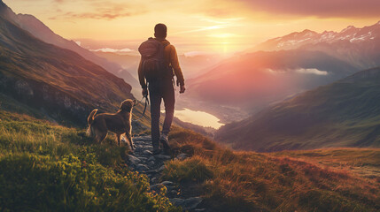 A hiker, a man, and his dog, hiking in beautiful foggy rocky European Alps mountain landscape with a trekking backpack. A man and a dog hiking in the sunrise time, looking at the clear lake.