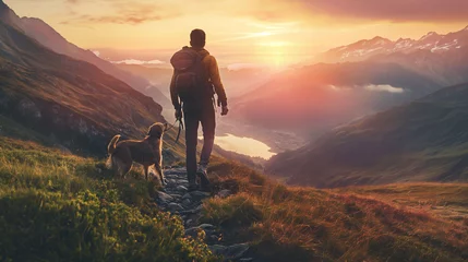 Rolgordijnen A hiker, a man, and his dog, hiking in beautiful foggy rocky European Alps mountain landscape with a trekking backpack. A man and a dog hiking in the sunrise time, looking at the clear lake. © Natalia Schuchardt
