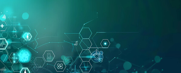 Abstract medical background with hexagons and health icons on a blue green gradient