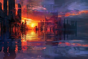 Urban Mirage Futuristic City Reflecting on Water Surface at Sunset, Digital Painting