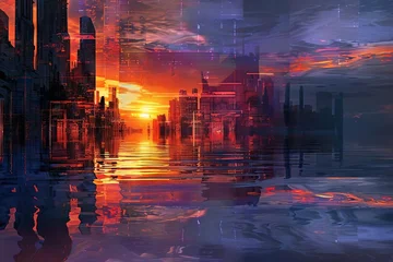 Foto op Plexiglas Urban Mirage Futuristic City Reflecting on Water Surface at Sunset, Digital Painting © furyon