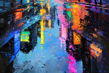 Urban Reflections, Abstract Oil Painting of Rainy City Street with Puddles Reflecting Neon Lights
