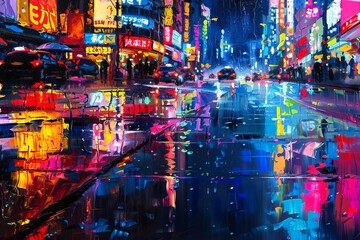 Urban Reflections, Abstract Oil Painting of Rainy City Street with Puddles Reflecting Neon Lights