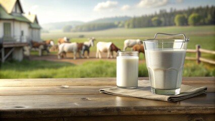Fresh Milk in Glass and Bucket on Wooden Table