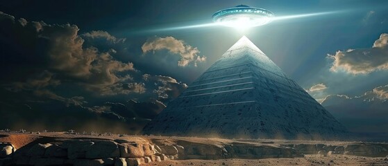 Ancient pyramid under UFO beam, dusk lighting, ground level, magical realism effect