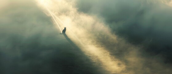 Bright beam from UFO ensnaring a cat, early morning mist, aerial perspective, ethereal mood
