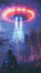 Fototapeta na wymiar UFO with beam over an awestruck human, deep twilight, close-up, vibrant colors, adventure tone