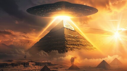UFO with beam illuminating a pyramid, sunset, wide lens, historic epic vibe - obrazy, fototapety, plakaty
