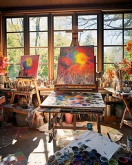 sun-drenched artist's studio, where the chaos of creativity is beautifully organized into a tapestry of colors and textures