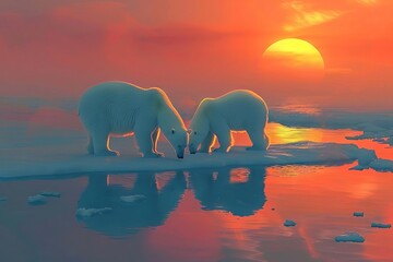 Polar Twilight Majestic Polar Bears Under the Ethereal Glow of the Midnight Sun, Digital Art Arctic Theme - obrazy, fototapety, plakaty