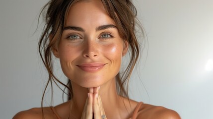 Portrait of smiling woman face with hands clasped in prayer looking on. Mockup for yoga center; healthy and mindful spiritual lifestyle. Horizontal poster, blank space for a spa advertising. Namaste - obrazy, fototapety, plakaty