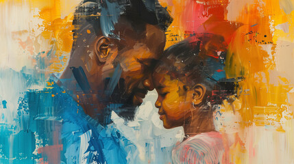 Black father & daughter Father's Day illustration African American family painted portrait. Black History day. Generative AI Illustration. Candid close-up dad and child - obrazy, fototapety, plakaty