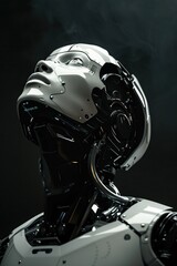 superrealistic photo of a modern robot looking up, frontal proection, its head also raised up, LowKey photography studio, high contrast, dark background 8k photo