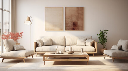 Envision a chic mock-up frame enhancing a modern, airy living space, with furnishings that epitomize Scandinavian simplicity, all encapsulated within a 3D illustration.