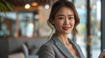 Obraz premium Professional woman with a tablet, smiling in a modern office environment with greenery.