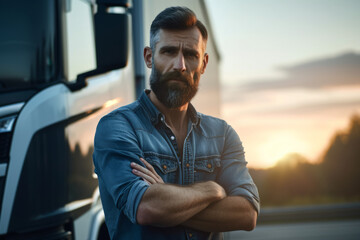 A middle-aged man with a beard with folded arms stands against the background of a truck on the street looking into the camera, shipping and transportation theme
 - obrazy, fototapety, plakaty