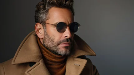 Foto op Plexiglas Fashion-forward man in round sunglasses and layered winter attire, striking a thoughtful pose. © Kowit