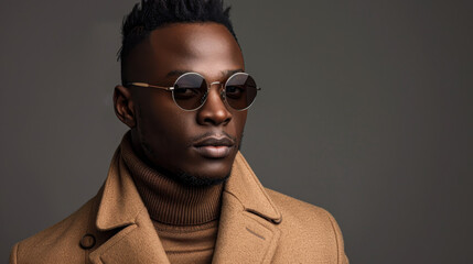 Obraz premium Fashion-forward man in round sunglasses and layered winter attire, striking a thoughtful pose.