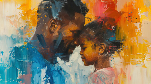 Black father & daughter Father's Day illustration African American family painted portrait. Black History day. Generative AI Illustration. Candid close-up dad and child
