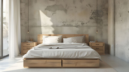 Minimalist bedroom with a textured concrete wall and pull-out drawers under the bed