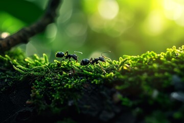 Cooperative Ant forest insect. Earth animal macro. Generate Ai - obrazy, fototapety, plakaty