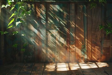 Rustic wooden background with sunlight leaking through botanical plants, creating window shadows - nature-inspired photography
