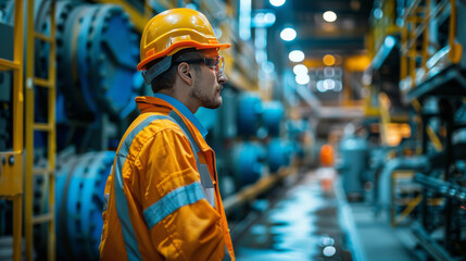 Obraz premium Focused industrial worker in orange high-visibility vest observing machinery in a manufacturing plant.