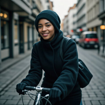 Beautiful African American woman riding her bicycle down a city street.