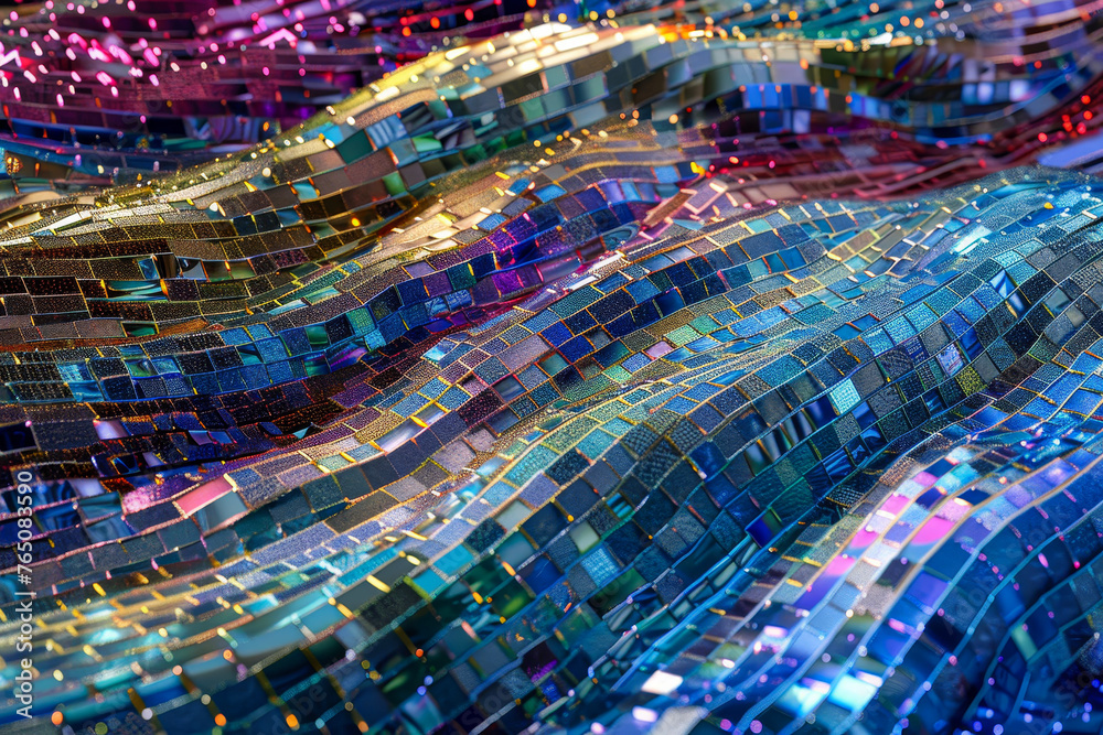 Poster a digital mosaic--waves of tiny squares form an abstract tapestry. each pixel holds a secret--coded 