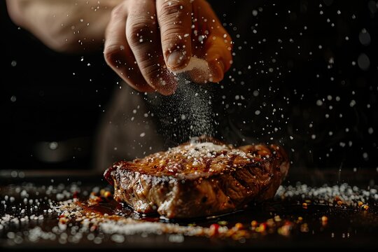 The concept of cooking meat. The chef cooks salt on the cooked steak on a black background