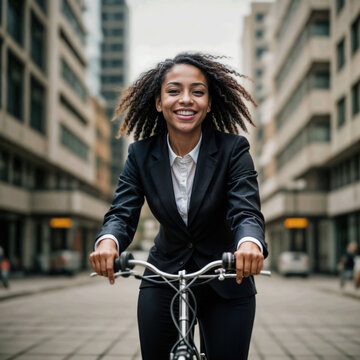 Portrait of confident young african american woman commuting, riding bicycle on city street.