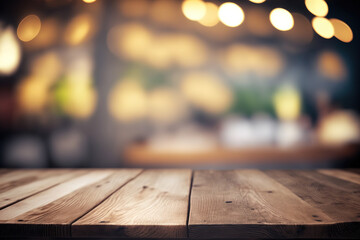 Wooden table blurred background of restaurant of cafe with bokeh. Flawless generative ai - obrazy, fototapety, plakaty
