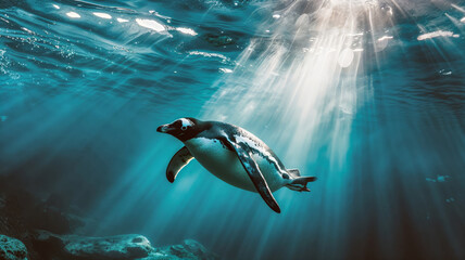 Graceful Penguin Diving Under Ice with Sunlight Filter
