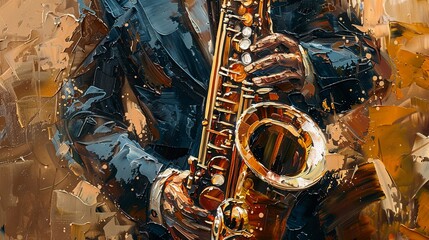 man holding a saxophone painting - obrazy, fototapety, plakaty