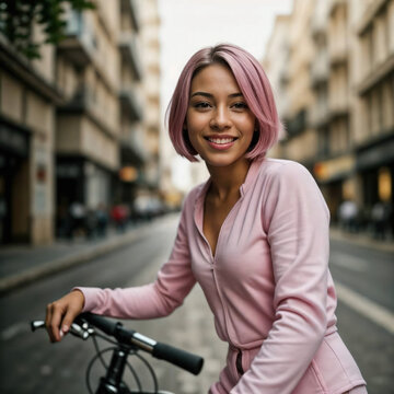 Beautiful asian european woman riding her bicycle on a city street