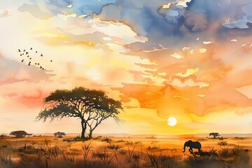 Serenity in the Savannah Sunset with African Wildlife, Watercolor Painting