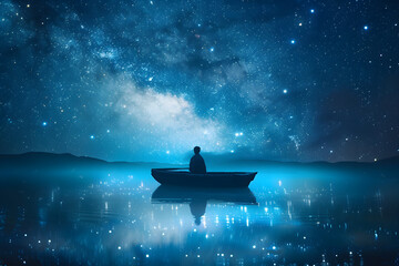 Solitary figure in a boat under a dreamy starry sky, tranquil night scene.