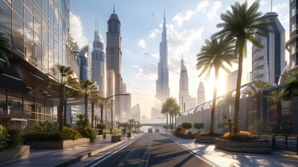 Our image captures Dubai's skyline with high-rise skyscrapers and modern architecture, surrounded by luxurious hotels and apartments - obrazy, fototapety, plakaty